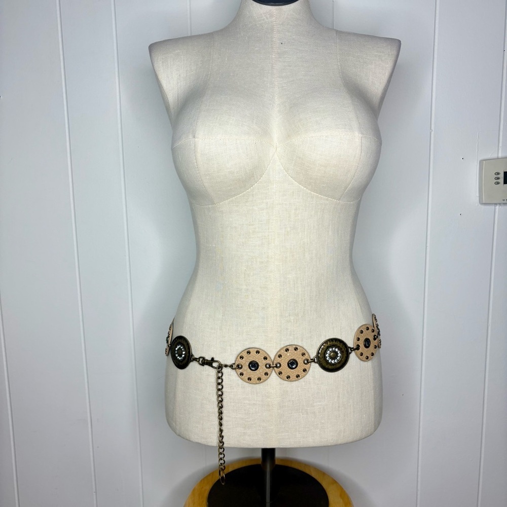 Y2K Metal and Faux Leather Circle Chain Hip Belt Rhinestones Rodeo Boho Rockstar